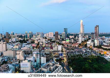 "High angle cityscape and skyline at dusk, Ho Chi Minh city, Vietnam" View Large Photo Image Stock Photo - "High angle cityscape and skyline at dusk, Ho Chi Minh city, Vietnam". Fotosearch