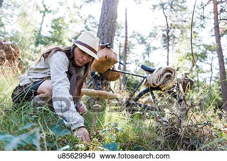 Mature woman with bicyle foraging for mushrooms in forest View Large Photo Image Stock Image - Mature woman with bicyle foraging for mushrooms in forest. Fotosearch