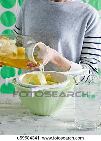 Mid section of mid adult woman pouring lemon iced tea from glass jar through sieve View Large Photo Image Stock Image - Mid section of mid adult woman pouring lemon iced tea from glass jar through sieve. Fotosearch