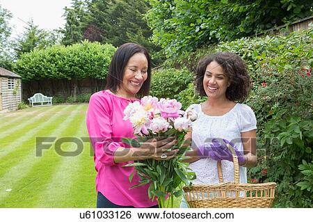 Mother and grown daughter gathering flowers in garden View Large Photo Image Stock Photograph - Mother and grown daughter gathering flowers in garden. Fotosearch