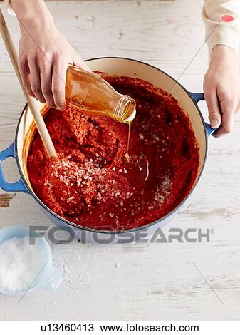 Overhead view of mid adult womans adding liquid to gochuchang in a saucepan View Large Photo Image Stock Image - Overhead view of mid adult womans adding liquid to gochuchang in a saucepan. Fotosearch