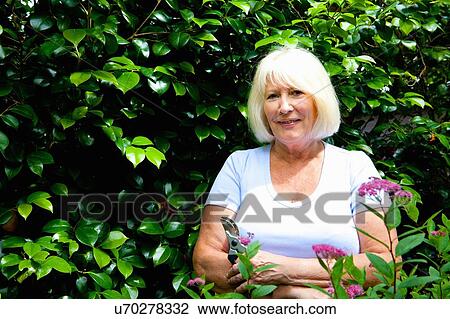 Portrait of senior woman in garden View Large Photo Image Stock Image - Portrait of senior woman in garden. Fotosearch