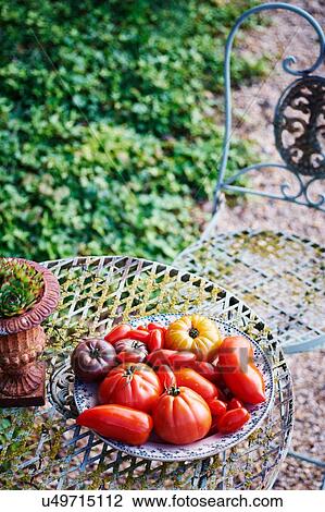 Stock Image - Selection of different tomatoes in dish. Fotosearch
