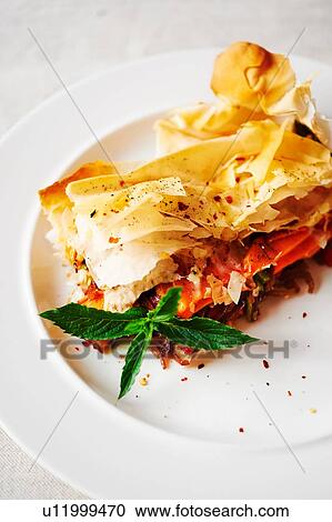 Stock Image - "Sweet potato filo pastry tart, close-up". Fotosearch