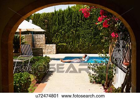 Teenage girl relaxing on inflatable in holiday apartment swimming pool View Large Photo Image Stock Image - Teenage girl relaxing on inflatable in holiday apartment swimming pool. Fotosearch