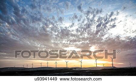 Stock Photo - Wind turbines in a row on wind farm against dramatic sky. Fotosearch