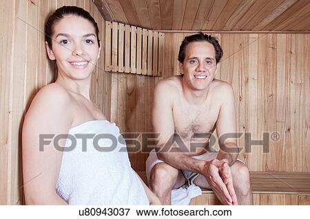 Happy couple relaxed inside the sauna View Large Photo Image Stock Photo - Happy couple relaxed inside the sauna. Fotosearch