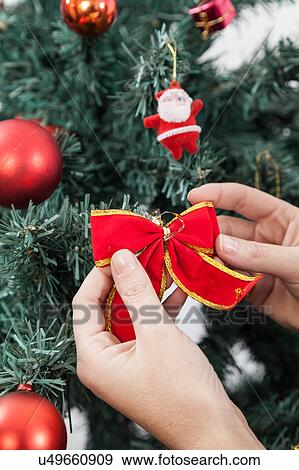 Stock Photo - Woman putting a bow in the christmas tree. Fotosearch