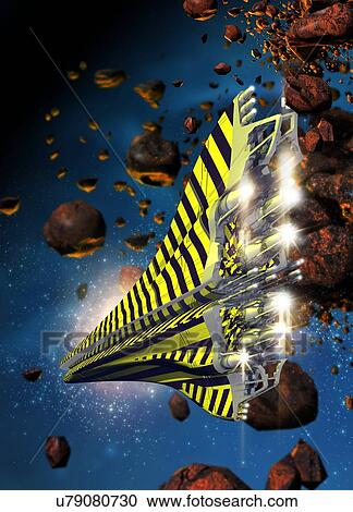"Black and yellow spacecraft flying through asteroids, computer illustration. " View Large Illustration Clipart - "Black and yellow spacecraft flying through asteroids, computer illustration. ". Fotosearch