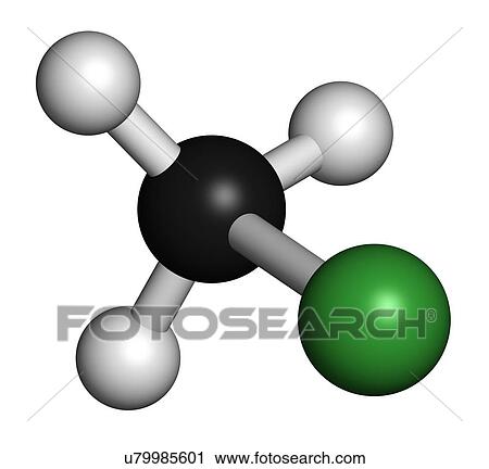 Clip Art - "Chloromethane (methyl chloride) molecule. Atoms are represented as spheres with conventional colour coding: hydrogen (white), carbon (black), chlorine (green). ". Fotosearch