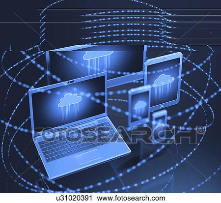 "Devices connected to the cloud, computer illustration. " View Large Illustration Clip Art - "Devices connected to the cloud, computer illustration. ". Fotosearch