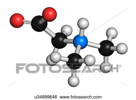 Stock Illustration - "Dimethylglycine (DMG) molecule. Methylated derivative of glycine, used in performance enhancing nutritional supplements. Atoms are represented as spheres with conventional colour coding: hydrogen (white), carbon (black), oxygen (red), nitrogen (blue). ". Fotosearch