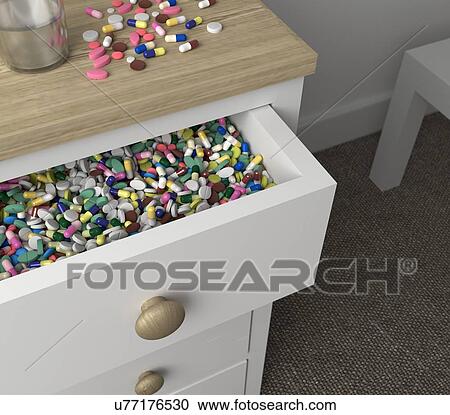 Clipart - Drawer containg thousands of medical tablets and some selected to take with a glass of water. Photorealistic computer generated image.. Fotosearch
