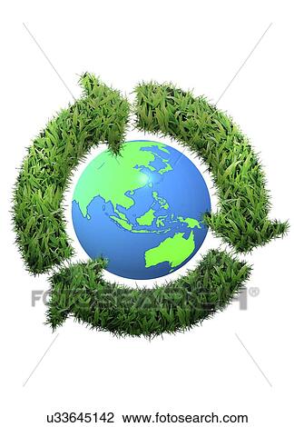 "Earth and recycling logo made from grass, computer illustration. " View Large Illustration Drawing - "Earth and recycling logo made from grass, computer illustration. ". Fotosearch
