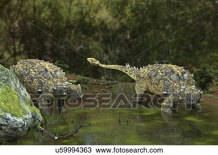 "Euoplocephalus dinosaurs at a pond, computer illustration. " View Large Illustration Drawing - "Euoplocephalus dinosaurs at a pond, computer illustration. ". Fotosearch
