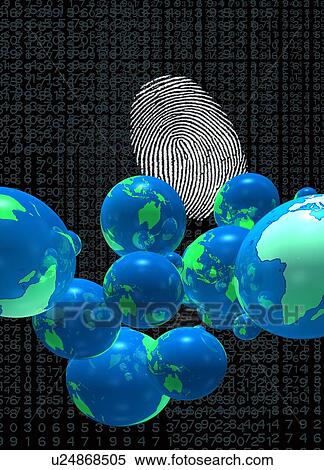 Stock Illustration - "Finger print and globes, computer illustration. ". Fotosearch