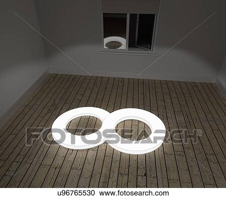 Clipart - Illuminated model of infinity symbol on floor of room in studio. Photorealistic computer generated image. Fotosearch