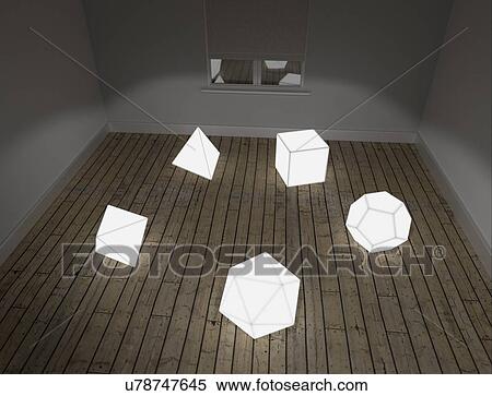Stock Illustration - Illuminated models of the five Platonic solids on floor of room in studio. Fotosearch