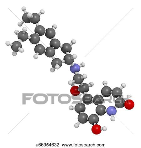 Drawing - "Indacaterol COPD drug molecule. Atoms are represented as spheres with conventional colour coding: hydrogen (white), carbon (grey), oxygen (red), nitrogen (blue). ". Fotosearch