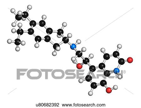 Drawing - "Indacaterol COPD drug molecule. Atoms are represented as spheres with conventional colour coding: hydrogen (white), carbon (black), oxygen (red), nitrogen (blue). ". Fotosearch