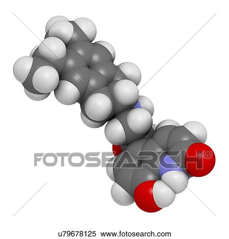 Stock Illustration - "Indacaterol COPD drug molecule. Atoms are represented as spheres with conventional colour coding: hydrogen (white), carbon (grey), oxygen (red), nitrogen (blue). ". Fotosearch