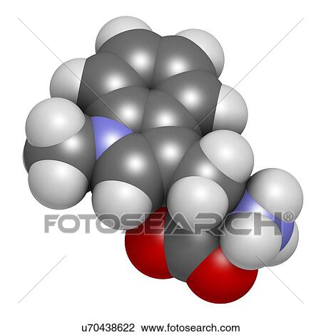 Drawing - "Indoximod cancer drug molecule (IDO or indoleamine 2, 3-dioxygenase inhibitor). Atoms are represented as spheres with conventional colour coding: hydrogen (white), carbon (grey), oxygen (red), nitrogen (blue). ". Fotosearch