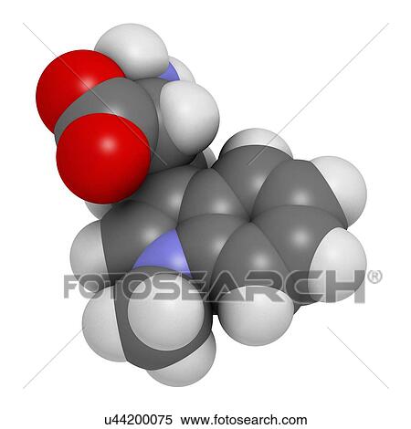 Stock Illustration - "Indoximod cancer drug molecule (IDO or indoleamine 2, 3-dioxygenase inhibitor). Atoms are represented as spheres with conventional colour coding: hydrogen (white), carbon (grey), oxygen (red), nitrogen (blue). ". Fotosearch