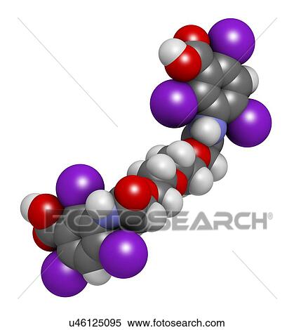 Stock Illustration - "Iotroxate (iotroxic acid) contrast agent molecule. Atoms are represented as spheres with conventional colour coding: hydrogen (white), carbon (black), oxygen (red), nitrogen (blue), iodine (purple). ". Fotosearch