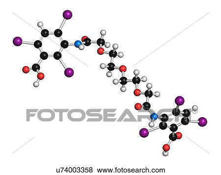 "Iotroxate (iotroxic acid) contrast agent molecule. Atoms are represented as spheres with conventional colour coding: hydrogen (white), carbon (black), oxygen (red), nitrogen (blue), iodine (purple). " View Large Illustration Stock Illustration - "Iotroxate (iotroxic acid) contrast agent molecule. Atoms are represented as spheres with conventional colour coding: hydrogen (white), carbon (black), oxygen (red), nitrogen (blue), iodine (purple). ". Fotosearch
