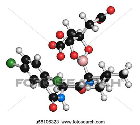 Drawing - "Ixazomib citrate multiple myeloma drug molecule (proteasome inhibitor). Atoms are represented as spheres with conventional colour coding: hydrogen (white), carbon (black), oxygen (red), nitrogen (blue), chlorine (green), boron (pink). ". Fotosearch