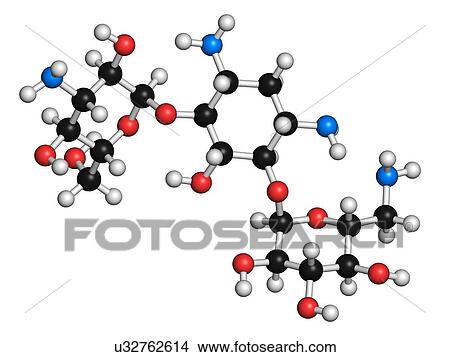 Stock Illustration - "Kanamycin antibiotic drug molecule (aminoglycoside). Atoms are represented as spheres with conventional colour coding: hydrogen (white), carbon (black), oxygen (red), nitrogen (blue). ". Fotosearch