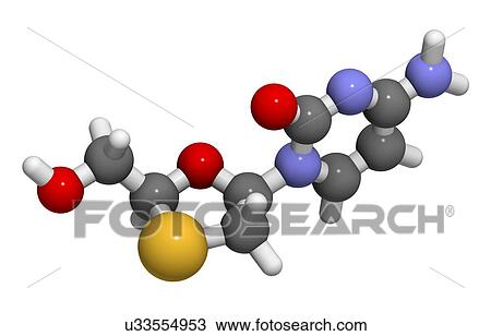 "Lamivudine (3TC) antiviral drug molecule. Used in treatment of HIV and hepatitis B virus. Atoms are represented as spheres with conventional colour coding: hydrogen (white), carbon (grey), oxygen (red), nitrogen (blue), sulfur (yellow). " View Large Illustration Drawing - "Lamivudine (3TC) antiviral drug molecule. Used in treatment of HIV and hepatitis B virus. Atoms are represented as spheres with conventional colour coding: hydrogen (white), carbon (grey), oxygen (red), nitrogen (blue), sulfur (yellow). ". Fotosearch