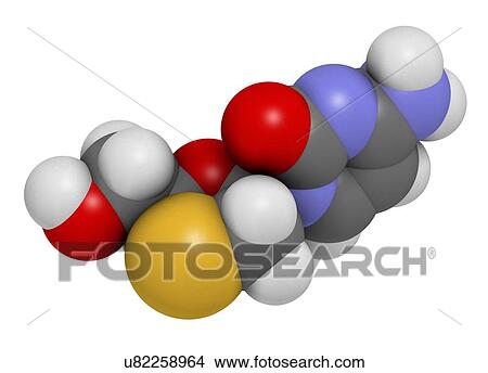 Stock Illustration - "Lamivudine (3TC) antiviral drug molecule. Used in treatment of HIV and hepatitis B virus. Atoms are represented as spheres with conventional colour coding: hydrogen (white), carbon (grey), oxygen (red), nitrogen (blue), sulfur (yellow). ". Fotosearch