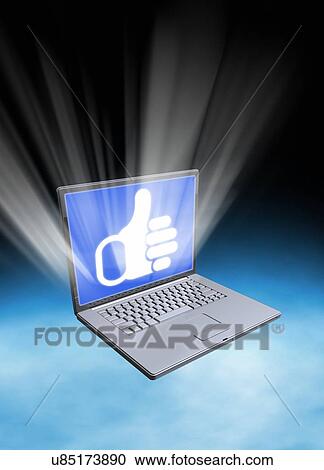 Clipart - "Laptop with a thumbs up icon, computer illustration. ". Fotosearch