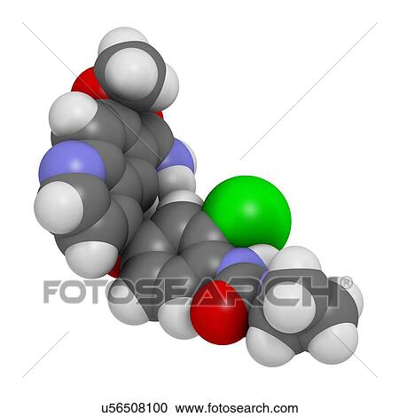 "Lenvatinib cancer drug molecule (multi-kinase inhibitor). Atoms are represented as spheres with conventional colour coding: hydrogen (white), carbon (grey), oxygen (red), nitrogen (blue), chlorine (green). " View Large Illustration Clipart - "Lenvatinib cancer drug molecule (multi-kinase inhibitor). Atoms are represented as spheres with conventional colour coding: hydrogen (white), carbon (grey), oxygen (red), nitrogen (blue), chlorine (green). ". Fotosearch