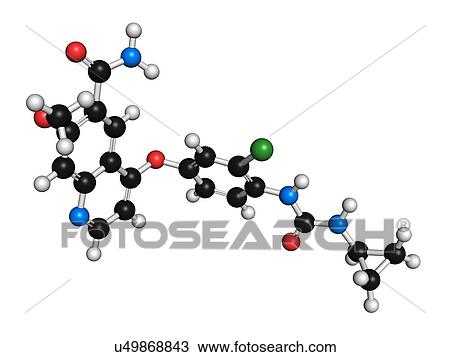 Drawing - "Lenvatinib cancer drug molecule (multi-kinase inhibitor). Atoms are represented as spheres with conventional colour coding: hydrogen (white), carbon (black), oxygen (red), nitrogen (blue), chlorine (green). ". Fotosearch