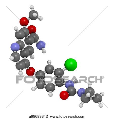 "Lenvatinib cancer drug molecule (multi-kinase inhibitor). Atoms are represented as spheres with conventional colour coding: hydrogen (white), carbon (grey), oxygen (red), nitrogen (blue), chlorine (green). " View Large Illustration Drawing - "Lenvatinib cancer drug molecule (multi-kinase inhibitor). Atoms are represented as spheres with conventional colour coding: hydrogen (white), carbon (grey), oxygen (red), nitrogen (blue), chlorine (green). ". Fotosearch