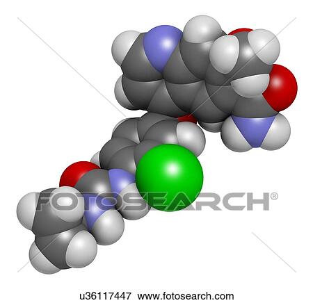 Stock Illustration - "Lenvatinib cancer drug molecule (multi-kinase inhibitor). Atoms are represented as spheres with conventional colour coding: hydrogen (white), carbon (grey), oxygen (red), nitrogen (blue), chlorine (green). ". Fotosearch