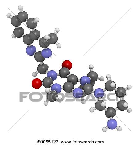 Drawing - "Linagliptin diabetes drug molecule (dipeptidyl peptidase 4 or DPP4 inhibitor). Atoms are represented as spheres with conventional colour coding: hydrogen (white), carbon (grey), oxygen (red), nitrogen (blue). ". Fotosearch