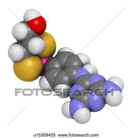 "Melarsoprol trypanosomiasis drug molecule. Atoms are represented as spheres with conventional colour coding: hydrogen (white), carbon (grey), oxygen (red), nitrogen (blue), sulfur (yellow), arsenic (pink). " View Large Illustration Drawing - "Melarsoprol trypanosomiasis drug molecule. Atoms are represented as spheres with conventional colour coding: hydrogen (white), carbon (grey), oxygen (red), nitrogen (blue), sulfur (yellow), arsenic (pink). ". Fotosearch