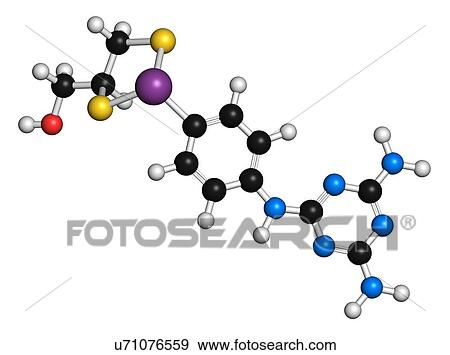 "Melarsoprol trypanosomiasis drug molecule. Atoms are represented as spheres with conventional colour coding: hydrogen (white), carbon (black), oxygen (red), nitrogen (blue), sulfur (yellow), arsenic (purple). " View Large Illustration Stock Illustration - "Melarsoprol trypanosomiasis drug molecule. Atoms are represented as spheres with conventional colour coding: hydrogen (white), carbon (black), oxygen (red), nitrogen (blue), sulfur (yellow), arsenic (purple). ". Fotosearch