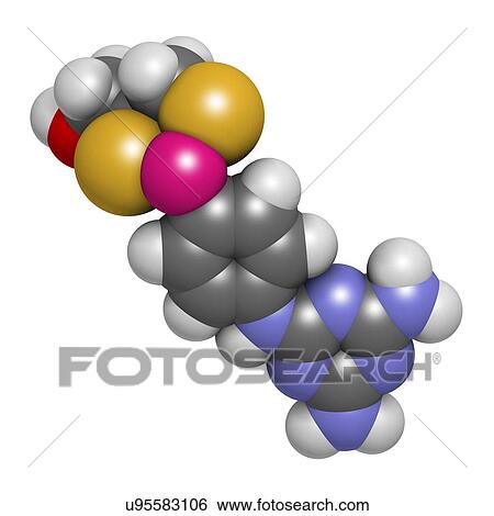 Stock Illustration - "Melarsoprol trypanosomiasis drug molecule. Atoms are represented as spheres with conventional colour coding: hydrogen (white), carbon (grey), oxygen (red), nitrogen (blue), sulfur (yellow), arsenic (pink). ". Fotosearch