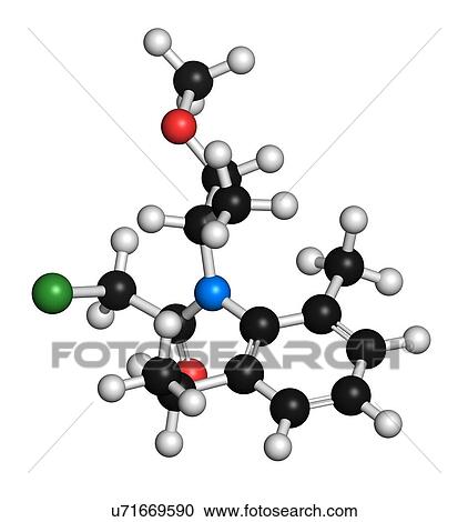Clipart - "Metolachlor herbicide (weed killer) molecule. Atoms are represented as spheres with conventional colour coding: hydrogen (white), carbon (black), oxygen (red), nitrogen (blue), chlorine (green). ". Fotosearch