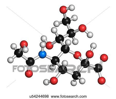 Stock Illustration - "N-glycolylneuraminic acid (Neu5Gc) molecule. Sialic acid found in most mammals but missing in humans. Atoms are represented as spheres with conventional colour coding: hydrogen (white), carbon (black), oxygen (red). ". Fotosearch