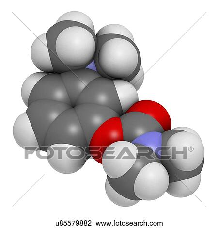 Drawing - "Neostigmine drug molecule. Atoms are represented as spheres with conventional colour coding: hydrogen (white), carbon (grey), oxygen (red), nitrogen (blue). ". Fotosearch