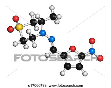 "Nifurtimox antiparasitic drug molecule. Used in treatment of Chagas disease and sleeping sickness. Atoms are represented as spheres with conventional colour coding: hydrogen (white), carbon (black), oxygen (red), nitrogen (blue), sulfur (yellow). " View Large Illustration Drawing - "Nifurtimox antiparasitic drug molecule. Used in treatment of Chagas disease and sleeping sickness. Atoms are represented as spheres with conventional colour coding: hydrogen (white), carbon (black), oxygen (red), nitrogen (blue), sulfur (yellow). ". Fotosearch