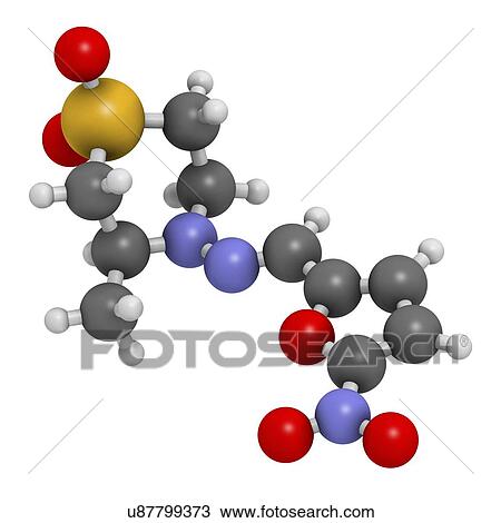 Drawing - "Nifurtimox antiparasitic drug molecule. Used in treatment of Chagas disease and sleeping sickness. Atoms are represented as spheres with conventional colour coding: hydrogen (white), carbon (grey), oxygen (red), nitrogen (blue), sulfur (yellow). ". Fotosearch