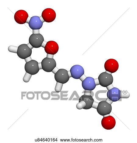 Stock Illustration - "Nitrofurantoin antibiotic drug molecule. Used to treat urinary tract infections (UTI). Atoms are represented as spheres with conventional colour coding: hydrogen (white), carbon (grey), oxygen (red), nitrogen (blue). ". Fotosearch