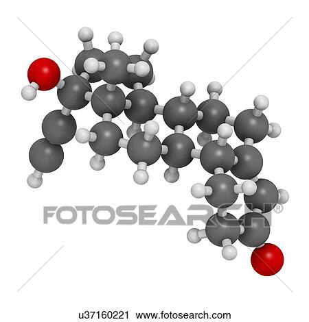 Clip Art - "Norethisterone (norethindrone) progestogen hormone drug. Used in contraceptive pills and for a number of other indications. Atoms are represented as spheres with conventional colour coding: hydrogen (white), carbon (grey), oxygen (red). ". Fotosearch
