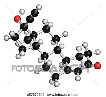 "Norethisterone (norethindrone) progestogen hormone drug. Used in contraceptive pills and for a number of other indications. Atoms are represented as spheres with conventional colour coding: hydrogen (white), carbon (black), oxygen (red). " View Large Illustration Drawing - "Norethisterone (norethindrone) progestogen hormone drug. Used in contraceptive pills and for a number of other indications. Atoms are represented as spheres with conventional colour coding: hydrogen (white), carbon (black), oxygen (red). ". Fotosearch